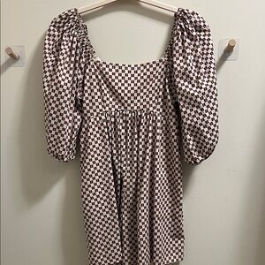 Abercrombie & Fitch Checkered Puff Sleeve Romper - Maroon and cream